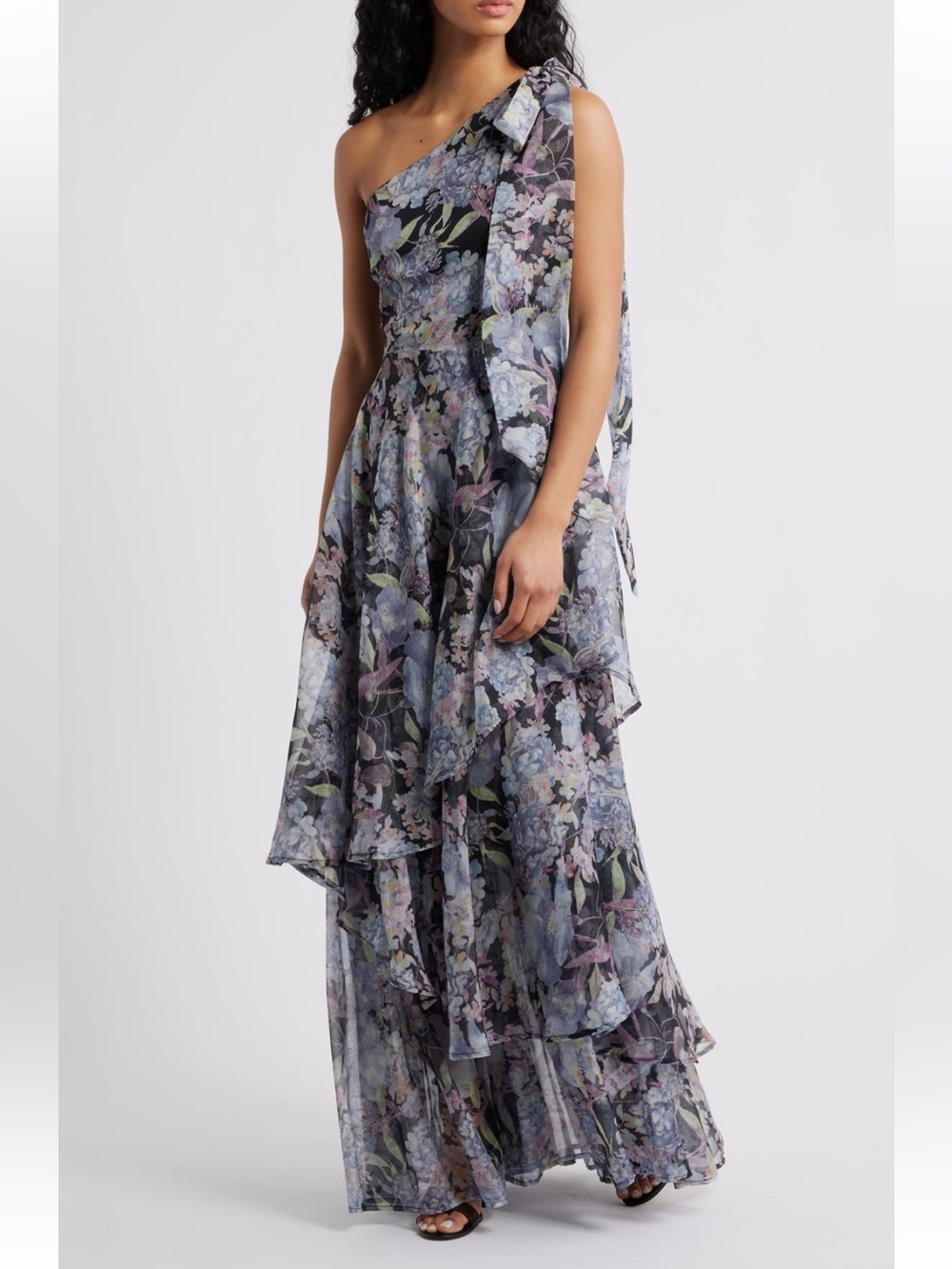 Lulu’s Amara One Shoulder Formal Dress Size Medium Floral Black Lavender